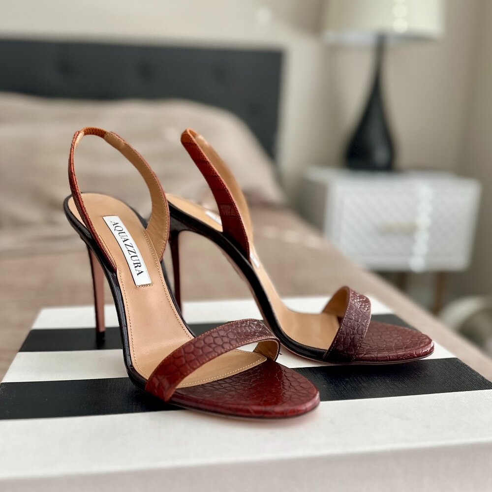 Aquazzura Croc-Embossed Slingback Heels in Deep Brown